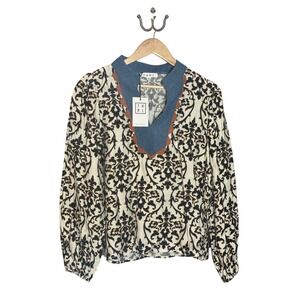 THML Damask Print Scalloped Denim Trim Blouse Small